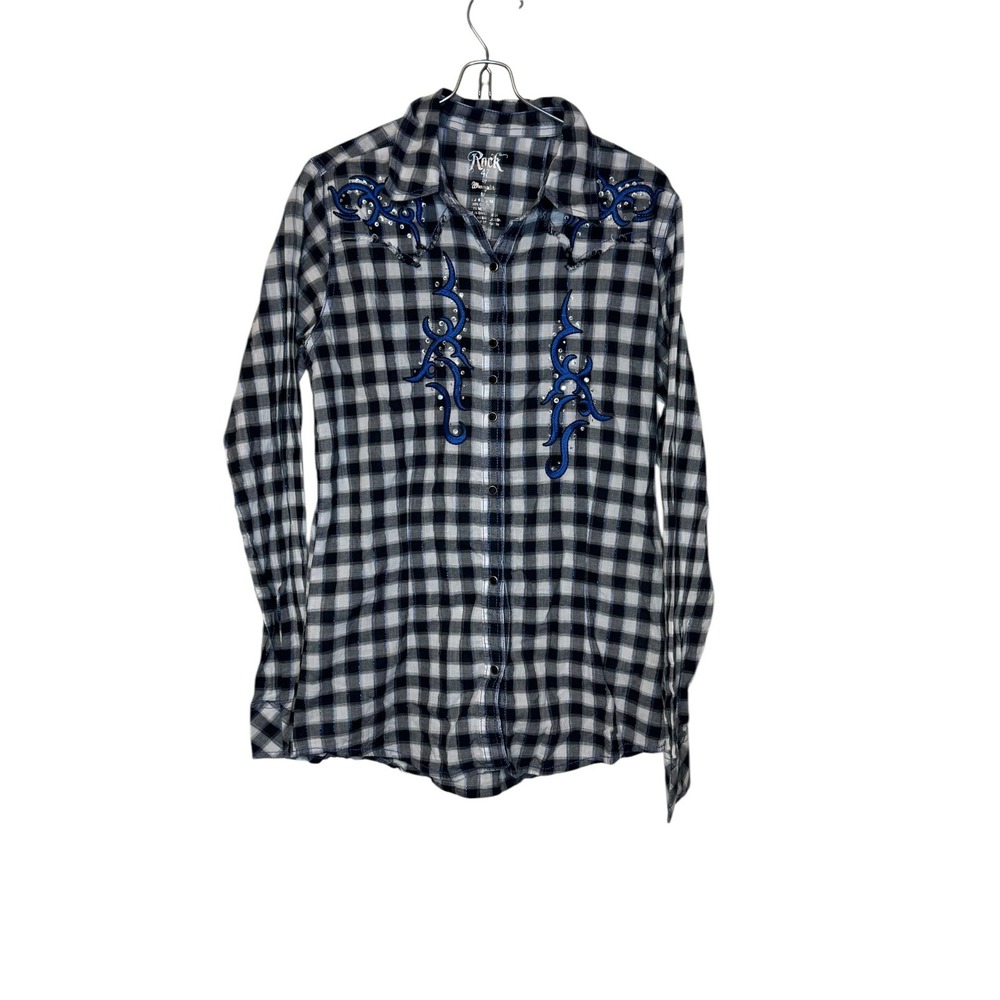 Rock 47 by Wrangler Women's Top Cowgirl Western Plaid Beaded Pearl Snap Medium‎